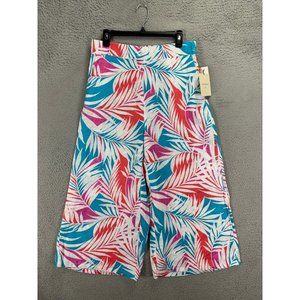 Cynthia Rowley Pants Womens Large Blue‎ Tropical 100% Linen Wide-Leg Hi-Rise NEW